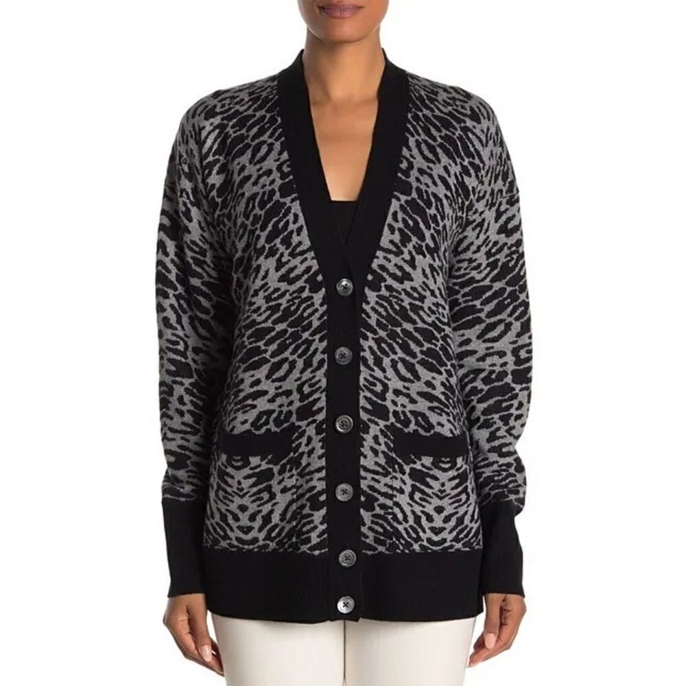 Equipment Fenwick Leopard Jacquard Cashmere Blend Cardigan in Grey